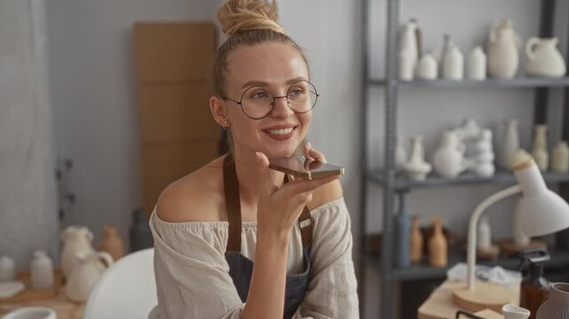 Woman in apron holds smartphone to mouth with hand, speaking into device among clay vessels on shelves in pottery studio; focused creativity.