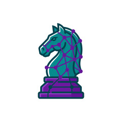 Stylized chess knight piece icon with digital network connection nodes and lines. © borneo