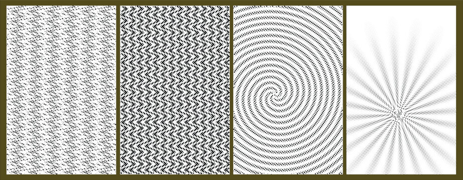 Halftone pattern set featuring geometric dots spiral zigzag radial shapes for graphic design backgrounds