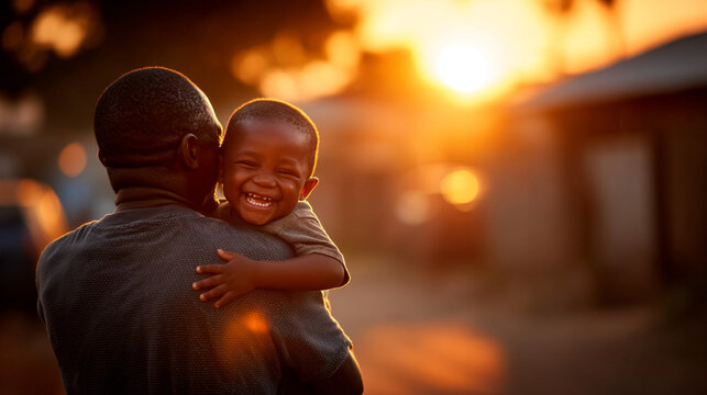 Happy father holding his toddler son during golden sunset hour with parenting, together