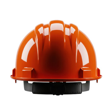 ultra-photorealistic close-up of a brilliant safety orange hdpe hard hat with extreme gloss and sharp highlights, detailed from the rear against a stark white background. concept of engineering