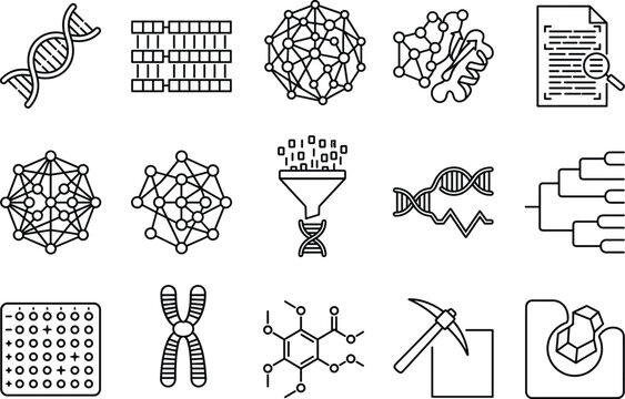 Bioinformatics and genetic data science linear icon set featuring dna strands molecular structures and analysis symbols