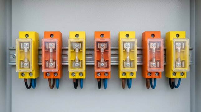 A row of colorful circuit breakers is mounted in an electrical panel.