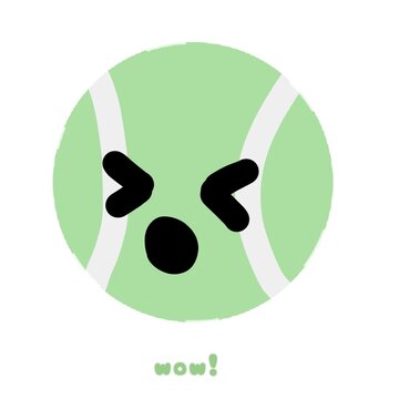 Cute tenis ball given a lively, cartoonish personality with a squeezed eyed, open mouthed expression showing excitement or surprise.