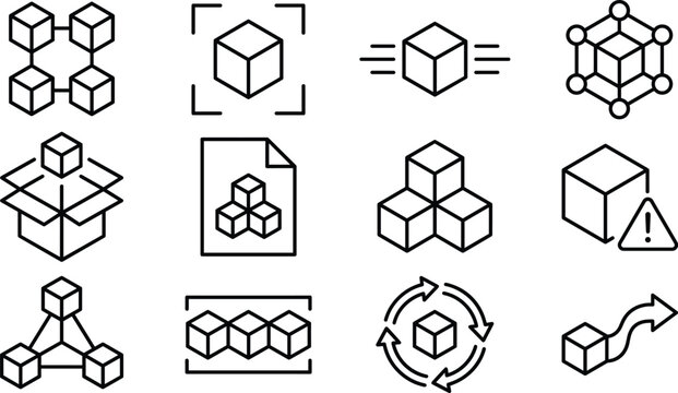 Blockchain and modular data line icon set featuring cube network nodes logistics distribution and storage process symbols