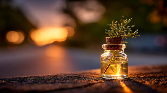 Apothecary glass bottle with essential oil and rosemary herb at sunset rosemary aromatic