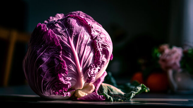 Fresh whole red cabbage on kitchen table with vegetable ingredient nutrition foodstuff