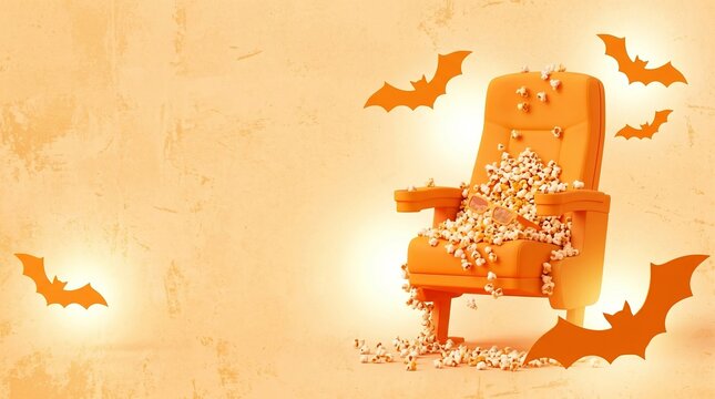 Armchair covered in popcorn with 3D glasses and paper bats for Halloween. Horror movie marathon at home. Festive interior decor concept for spooky holiday celebration event