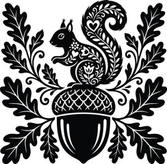 Stylized squirrel on an acorn with oak leaves in folk art style vector © SEMA