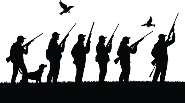 Silhouette of hunters with rifles and a loyal dog chasing birds over a grassy field