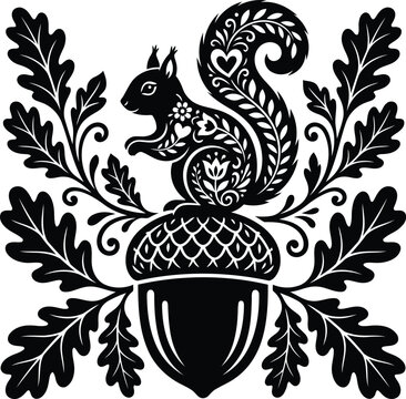 Stylized squirrel on an acorn with oak leaves in folk art style vector