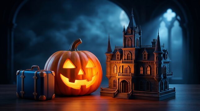 Halloween jack o lantern with travel suitcase and gothic haunted house model on table. Concept of holiday travel, vacation trip and scary night mystery in autumn October event