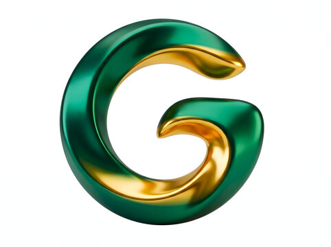 Luxury 3D Rendered Alphabet Letter G with Emerald Green and Gold Metallic Finish on White Background