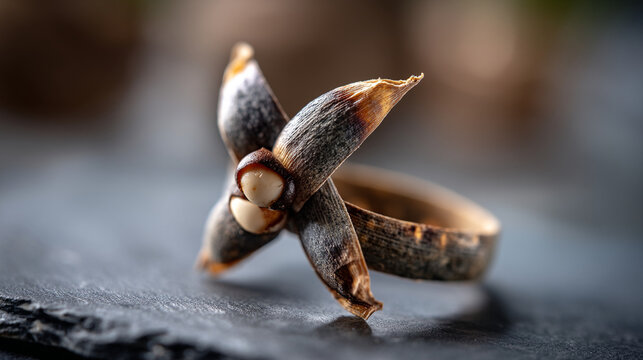 Natural dried woody seed pod in the shape of a flower on a dark stone surface