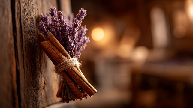 Rustic bundle of lavender stems and cinnamon sticks tied together on wooden door