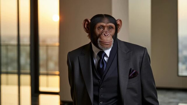 A monkey dressed in a suit and tie, posing for the camera.