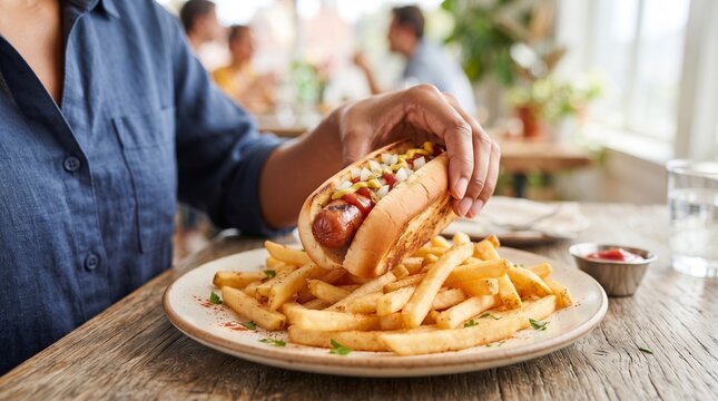 African american woman eating hot dog with french fry at restaurant table. Delicious fast food lunch meal. Unhealthy snack and junk food lifestyle concept for social dining setting