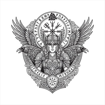 Intricate black and white Valkyrie portrait with raven wings, Vegv&iacute;sir compass, Nordic runes, Celtic knotwork, and Viking armor in an ornate tattoo-inspired illustration
