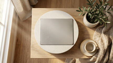 Obraz premium Minimalist Home Office Setup With A Sleek Laptop On A Wooden Table Near A Window With Natural Light And A Small Plant