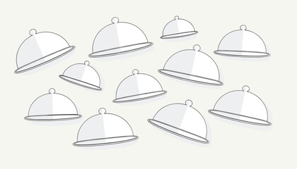 Fototapeta premium Food cover domes in sketch style floating on a light grey background represent restaurant service, cooking, and luxury dining.