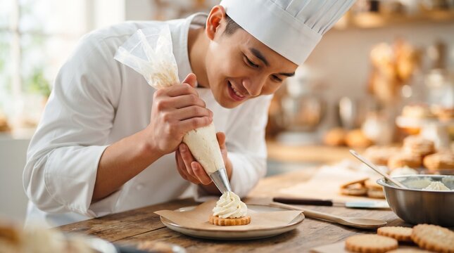 Asian man pastry chef decorating cookie with cream using piping bag in professional kitchen. Professional baker preparing sweet dessert. Culinary art, food production and hobby concept