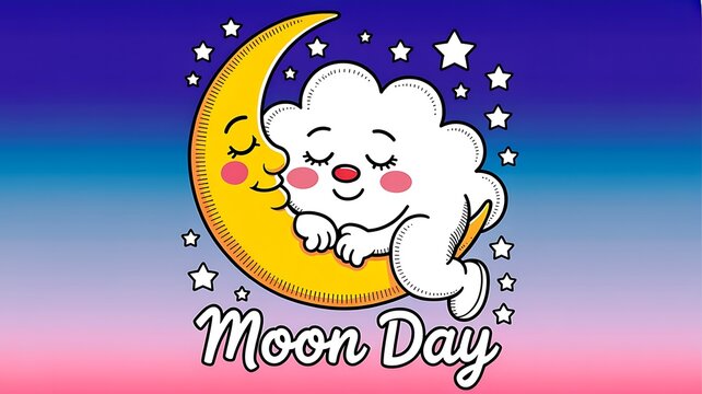 Cute cartoon moon day illustration with sleeping cloud character sleeping celestial illustration astronomy