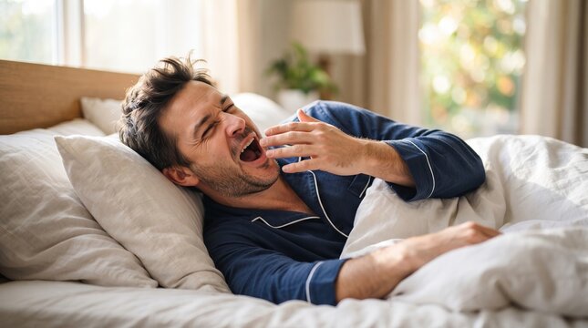 Man yawning in bed after waking up in morning. Tired guy wearing pajamas in bedroom. Sleepy male waking up from healthy sleep. Concept of morning routine and good rest at home