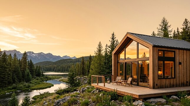 Modern wooden cabin with large glass windows and outdoor deck overlooking a winding river and mountain range during golden hour sunset for luxury eco tourism concepts