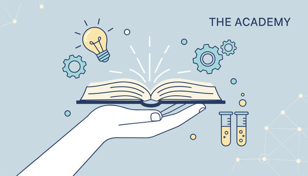 Educational concept with a hand holding an open book under creative ideas, gears, a light bulb, and science tubes.