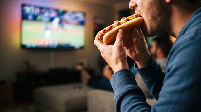 Man eating hot dog while watching sports game on television at home. Relaxed evening activity with fast food snack. Entertainment, leisure lifestyle and home comfort concept