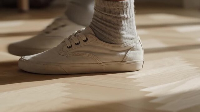 Close-up of feet in white canvas sneakers and grey socks walking across a sunlit parquet floor. Horizontal shadows from a window create a rhythmic pattern as the person moves.