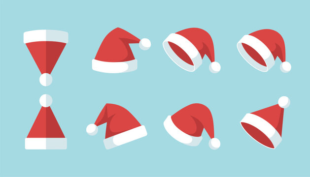 Eight different views of flat design red Santa Claus hats are presented on a light blue background.