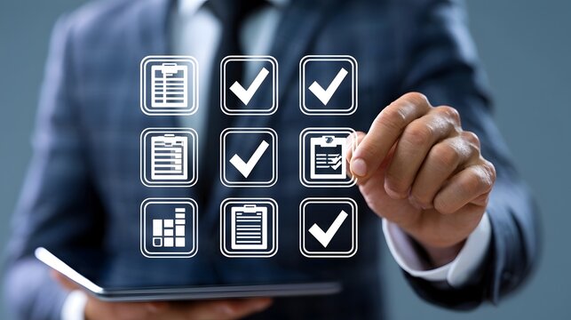 Businessman uses a digital checklist to manage budgeting and accounting activities, ensuring financial accuracy, compliance, and effective business management through organized workflow control.