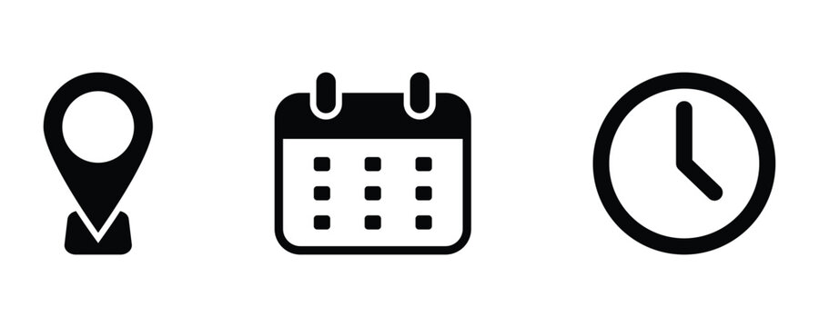 Classic style calendar, clock, and map pin are used for event planning, delivery and tracking system. Black date, time and location outline art vector symbol.