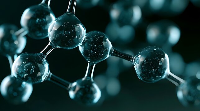 Cinematic 3D render of teal glass molecules with realistic water bubbles inside. Abstract scientific background with bokeh depth of field, representing biotechnology, dark chemistry