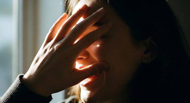 Stressed young woman covering face with hand in dim lighting.