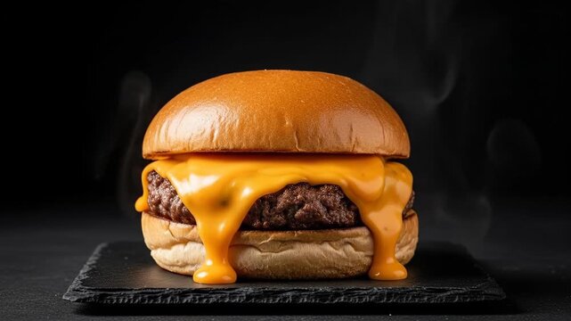 Cheeseburger Melting Cheese with Rising Steam on Black Slate Professional Food Cinematography