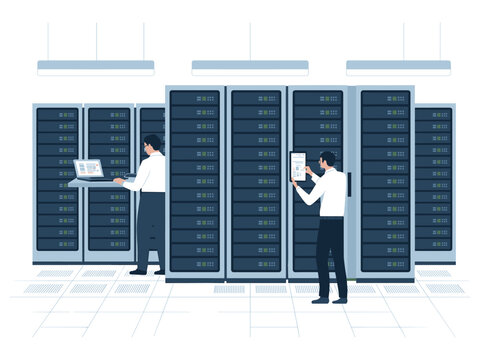 It specialists working in a server room, maintaining and monitoring data center hardware infrastructure