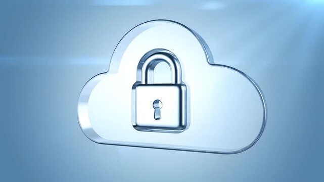 A rotating 3D glass cloud icon with a padlock inside, symbolizing secure cloud storage and data protection against a soft blue background.