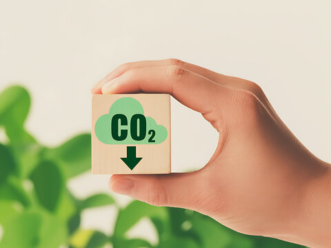 Hand holding wood block with co2 icon