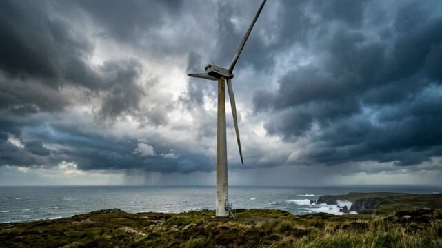 Towering wind turbine stands against a dramatic stormy sky with rain over the ocean coast