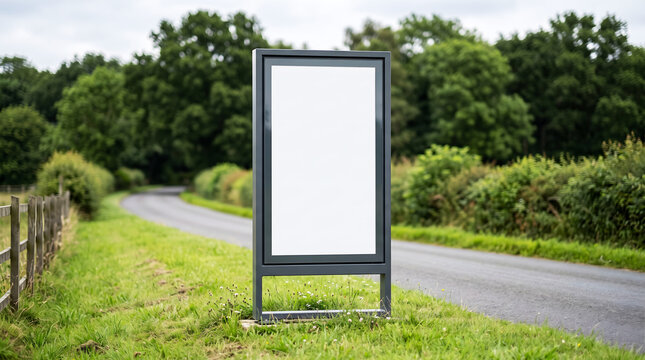 Blank vertical billboard mockup standing on countryside road, outdoor advertising poster display for rural tourism campaign promotion near green meadow landscape view.
