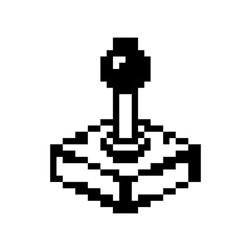 Retro 8-bit pixel art joystick icon.