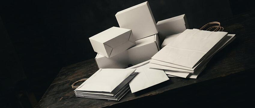 Stack Of White Clothing Packaging Boxes Cluttered On A Dark Surface Ready For Shipping And Logistics