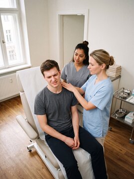 &Auml;rztin tastet aus der Vogelperspektive die Nackenverspannung eines jungen m&auml;nnlichen Patienten in einer hellen Praxis ab
