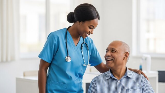 Smiling African American female nurse in blue scrubs supporting happy elderly male patient in bright modern medical clinic office setting