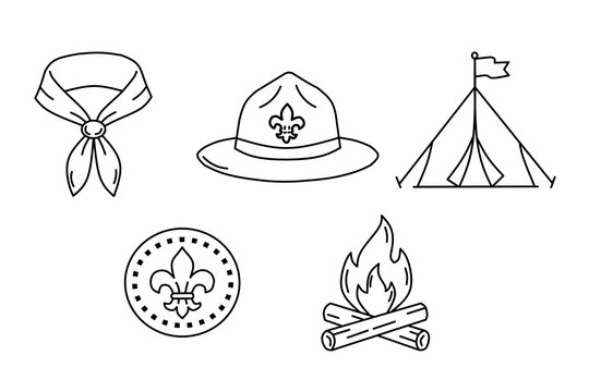 Scout Camping Icons Set &ndash; Neckerchief, Scout Hat, Tent, Badge and Campfire Flat Illustration