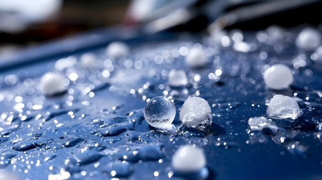 Large, damaging hailstones resting on the wet blue metallic roof of a car after a severe storm.