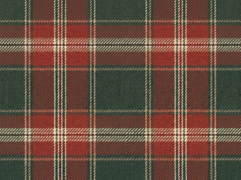 Red and green tartan plaid textile pattern with a woven fabric texture