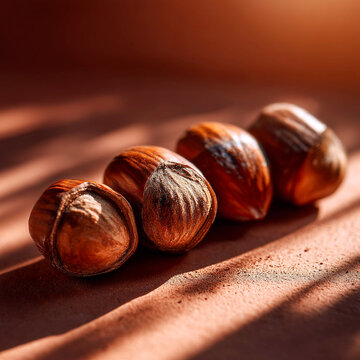 Fresh whole hazelnuts arranged in a row on a rustic wooden surface in warm sunlight